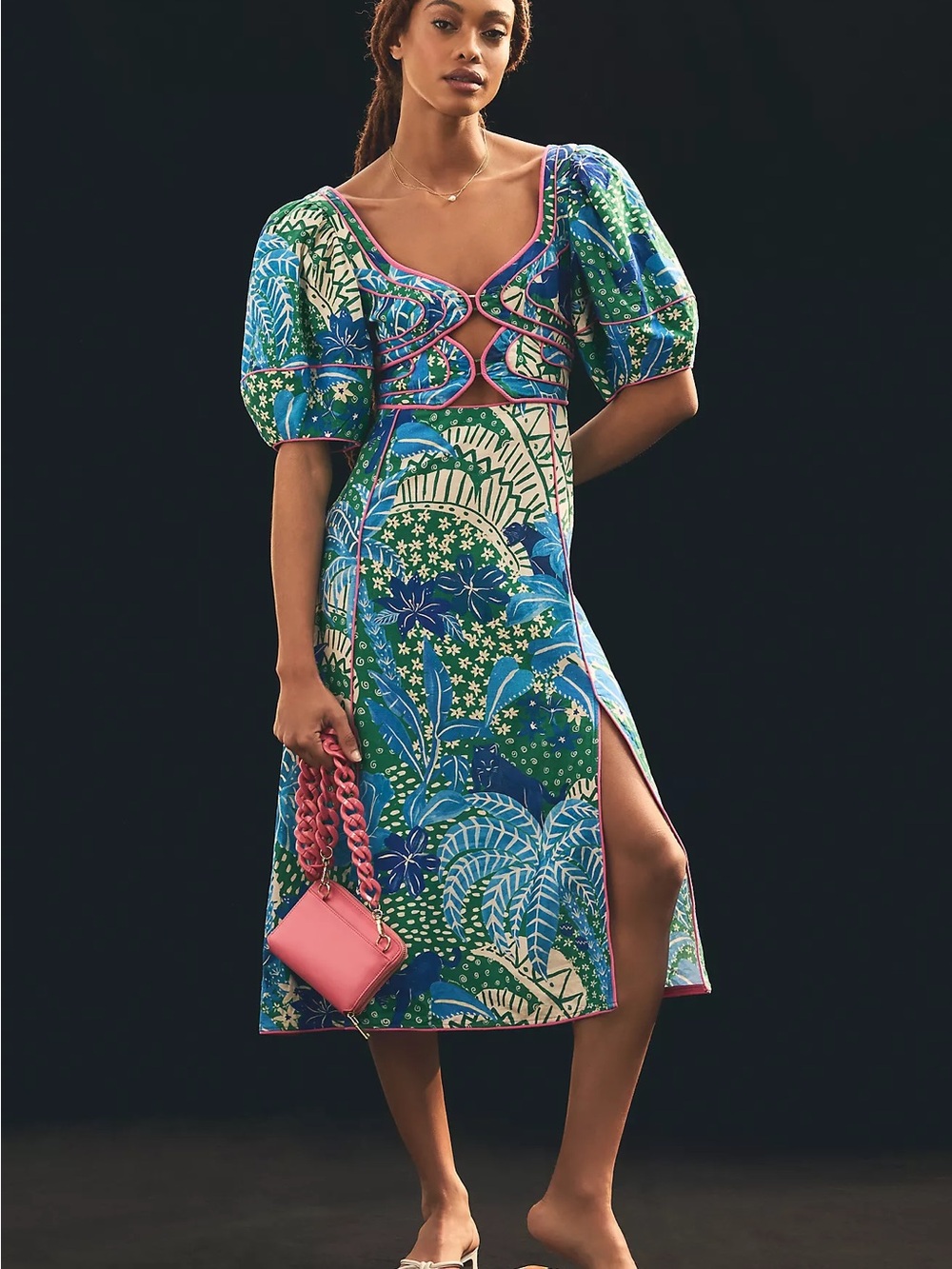 FARM Rio Blue, Green & Pink Tropical Midi Dress